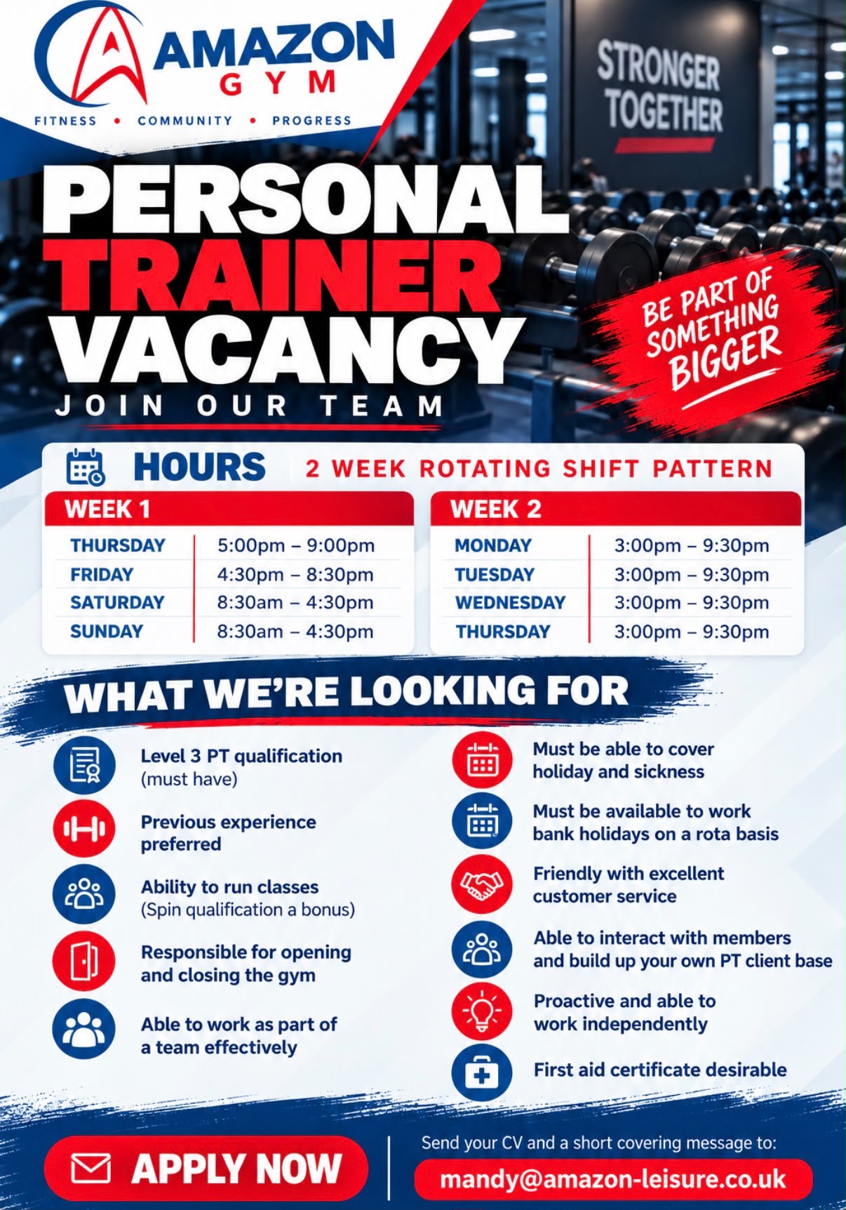 Amazon Gym Personal Trainer vacancy poster — join our team
